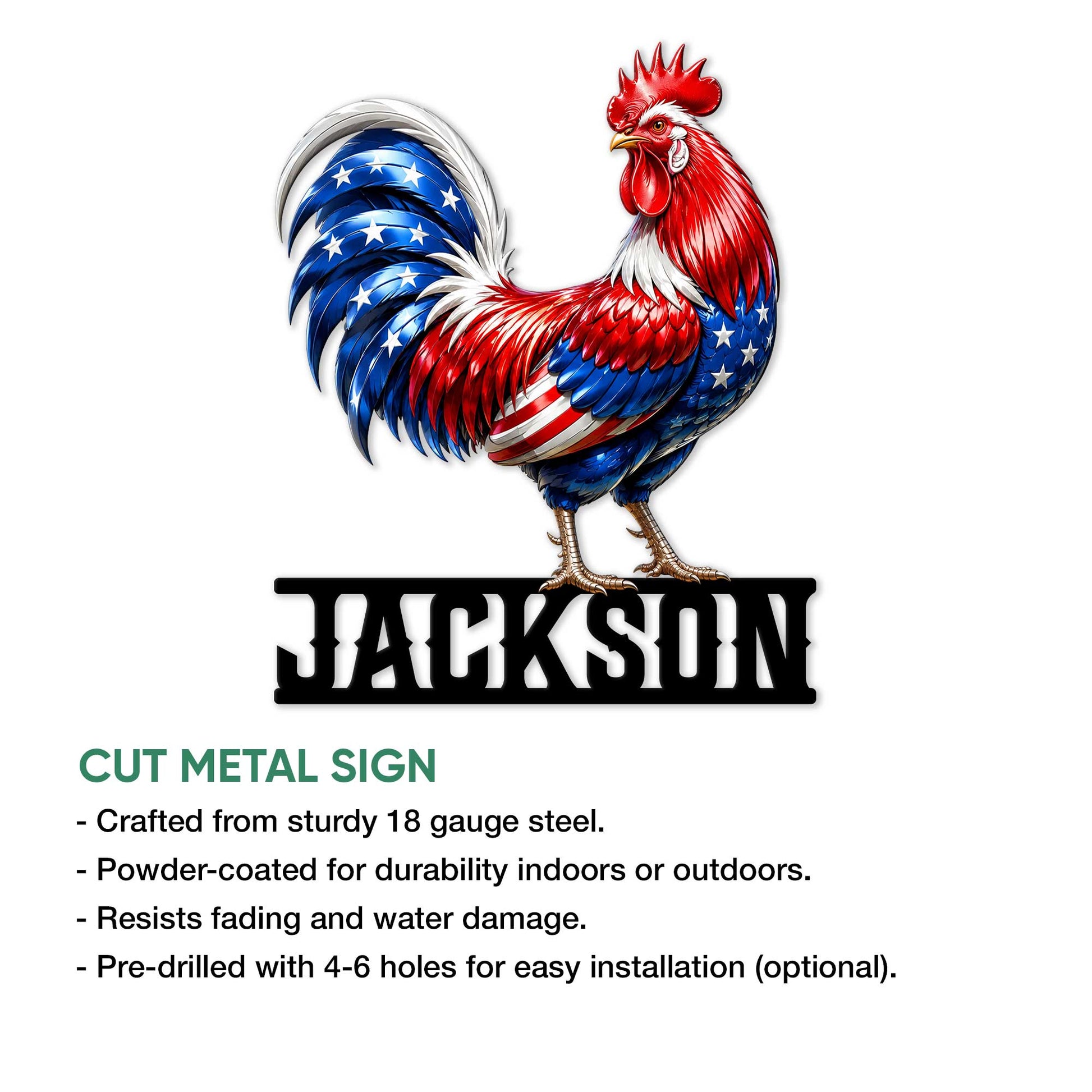 Patriotic rooster cut metal sign shown in a product feature graphic