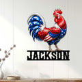 Patriotic rooster metal wall sign displayed on a light wood-paneled wall