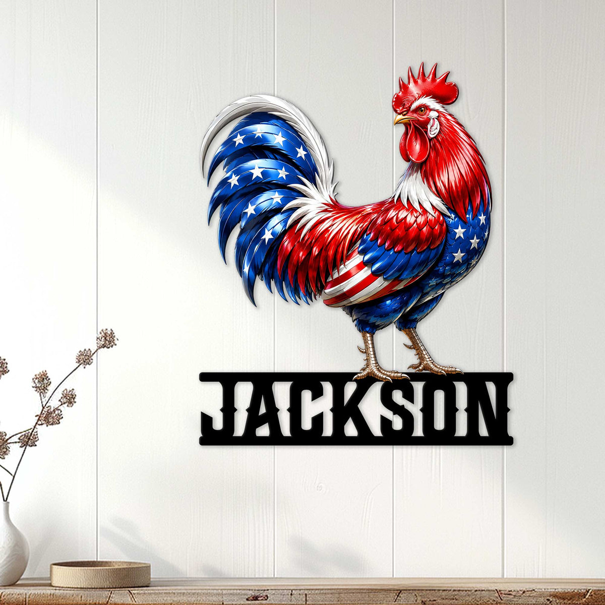 Patriotic rooster metal wall sign displayed on a light wood-paneled wall