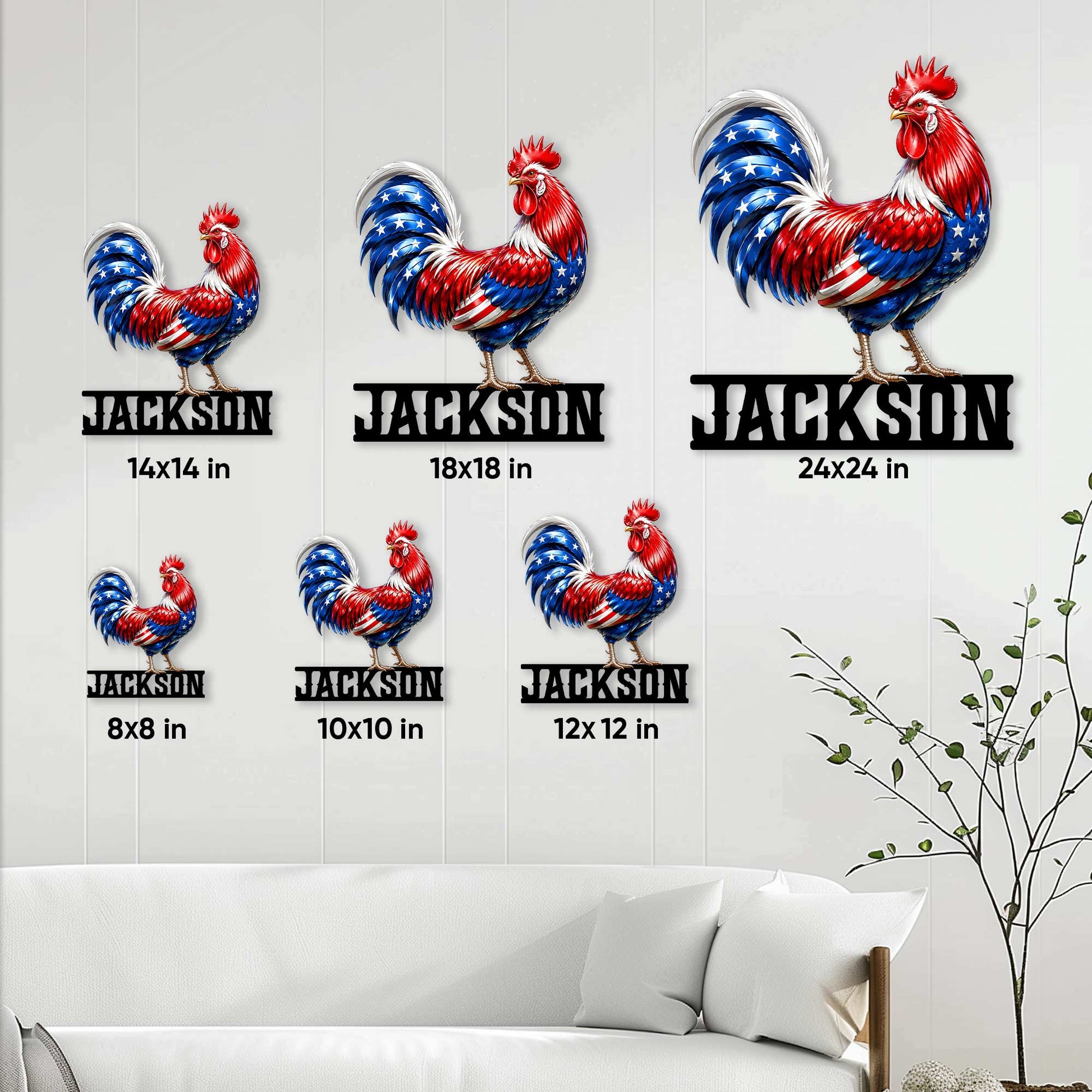 Patriotic rooster metal sign size guide showing available square sizes from 8x8 to 24x24 inches