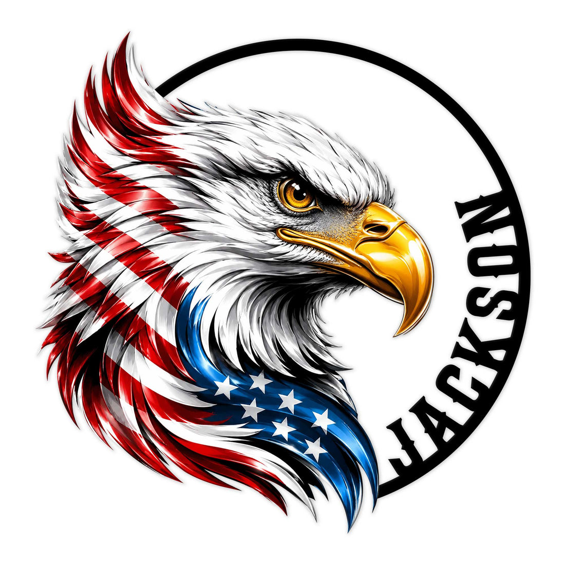 Patriotic eagle metal sign featuring a detailed bald eagle with red, white, and blue feather accents