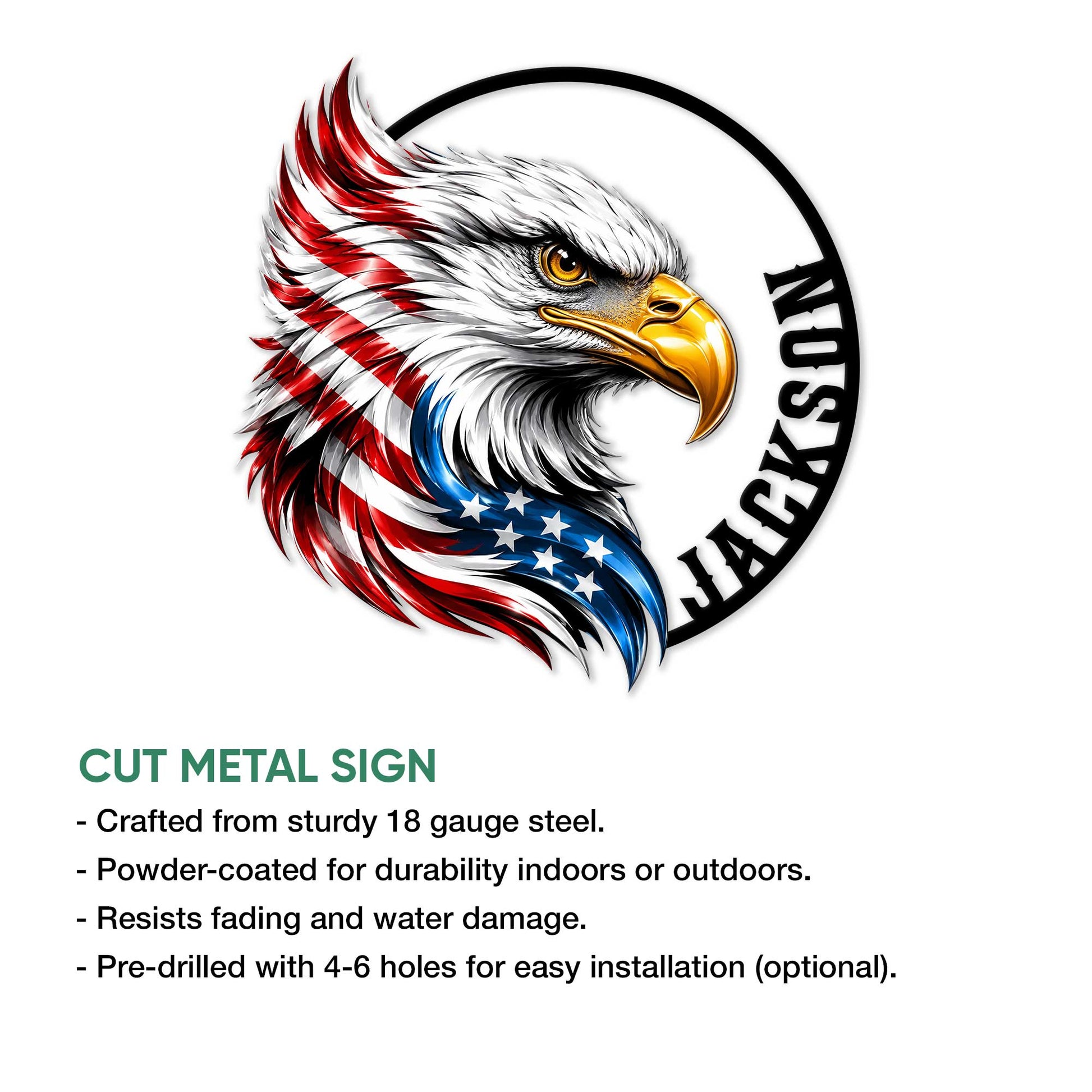 Close view of a patriotic bald eagle cut metal sign with a gold beak and American flag-inspired colors