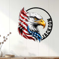 Patriotic eagle wall sign displayed on a white paneled wall in a bright home decor setting