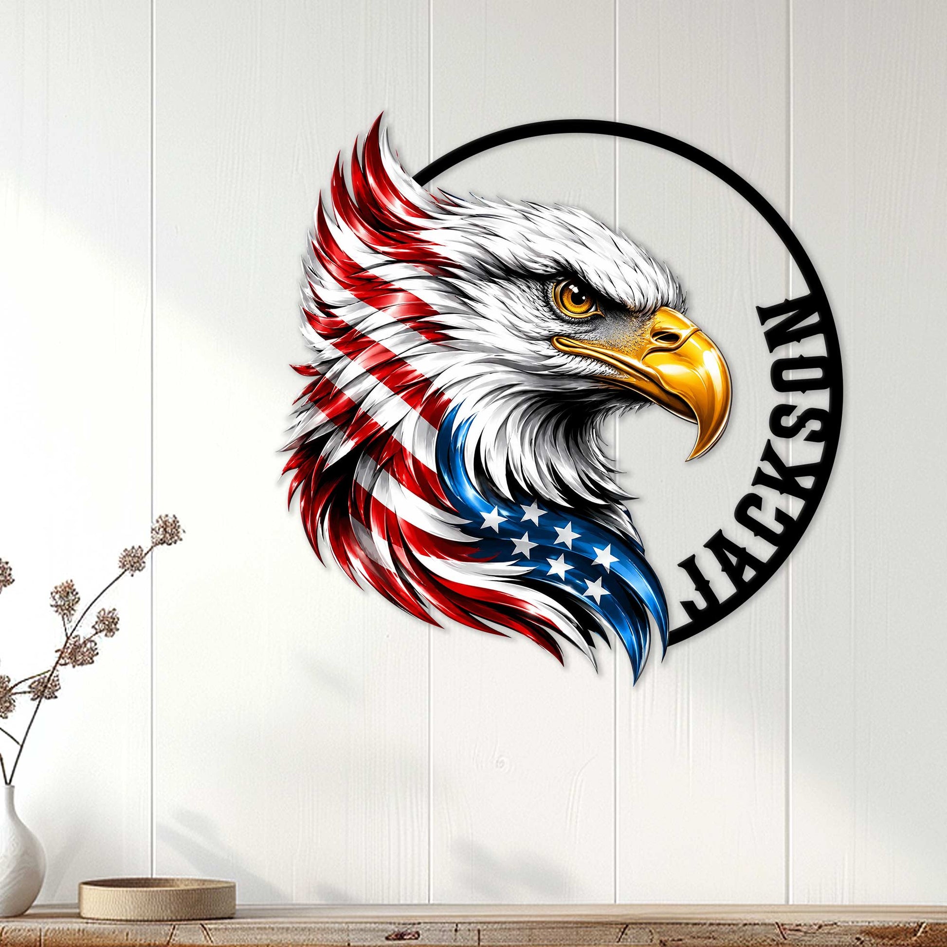 Patriotic eagle wall sign displayed on a white paneled wall in a bright home decor setting