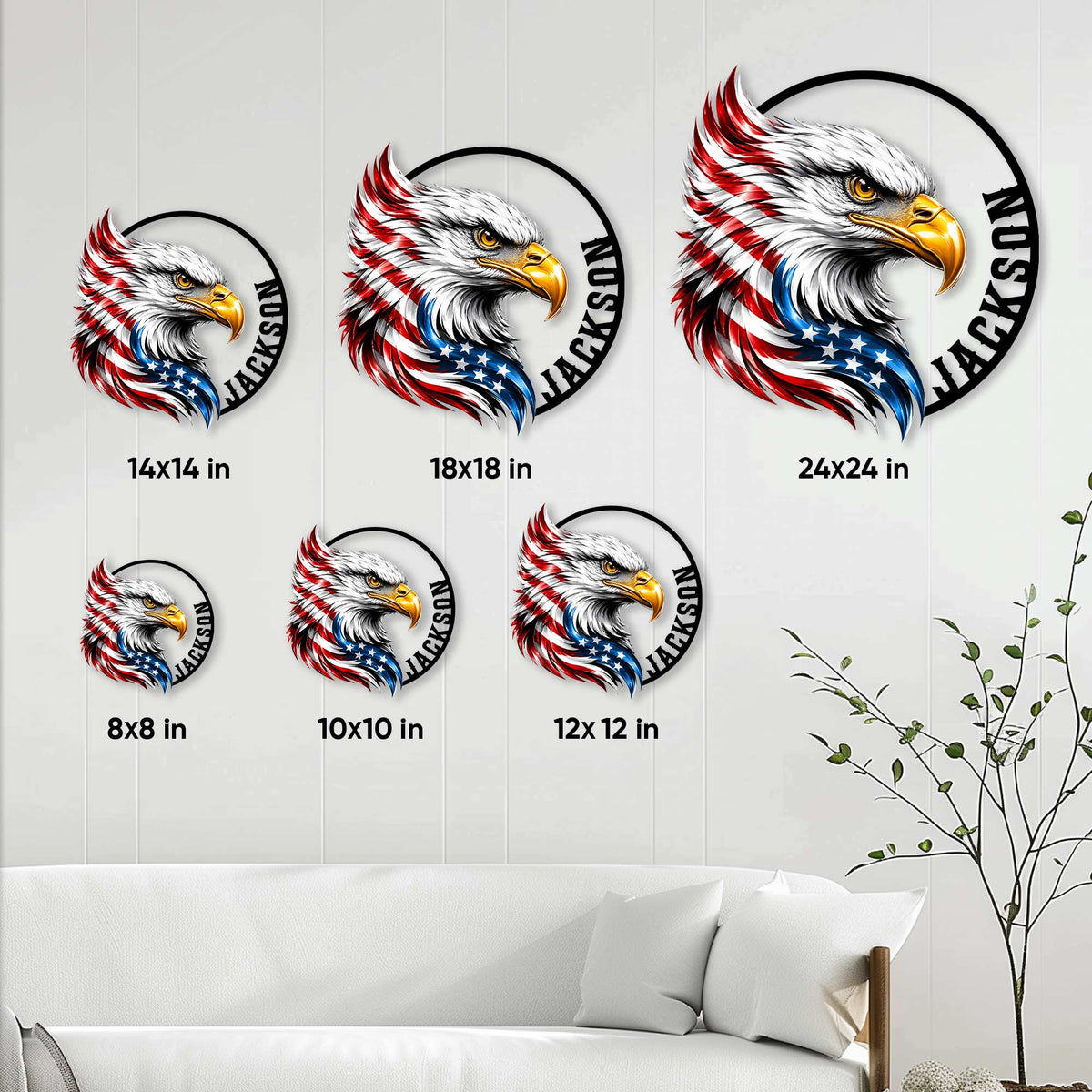 Patriotic eagle metal sign size guide showing available square sizes from 8 by 8 to 24 by 24 inches