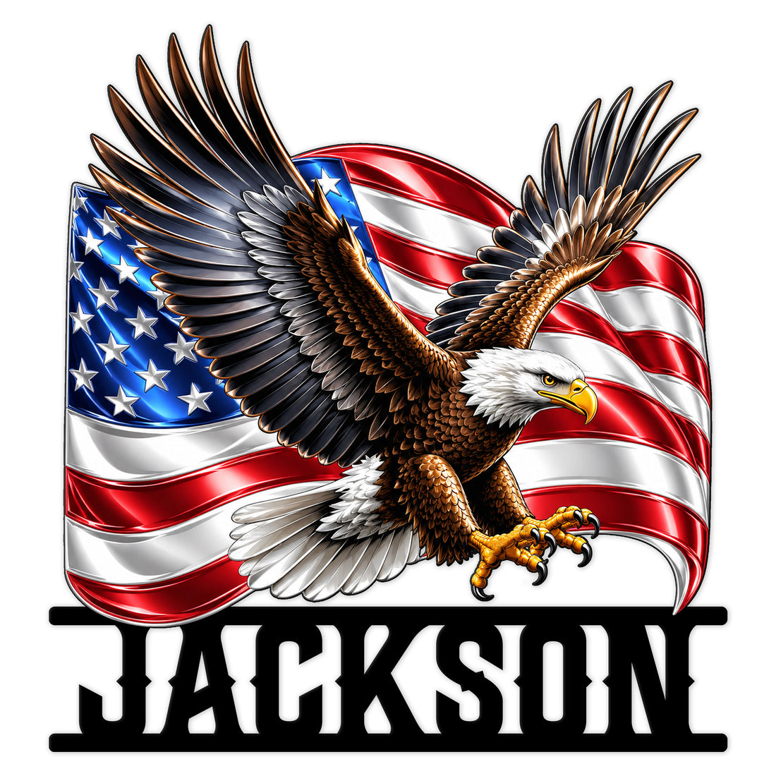 Patriotic bald eagle metal sign flying in front of a waving American flag