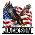 Patriotic bald eagle metal sign flying in front of a waving American flag