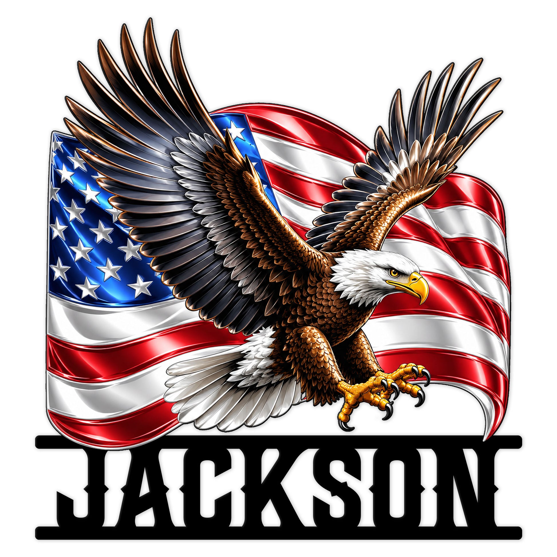 Patriotic bald eagle metal sign flying in front of a waving American flag