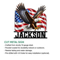 Cut metal eagle sign featuring a detailed bald eagle and American flag design