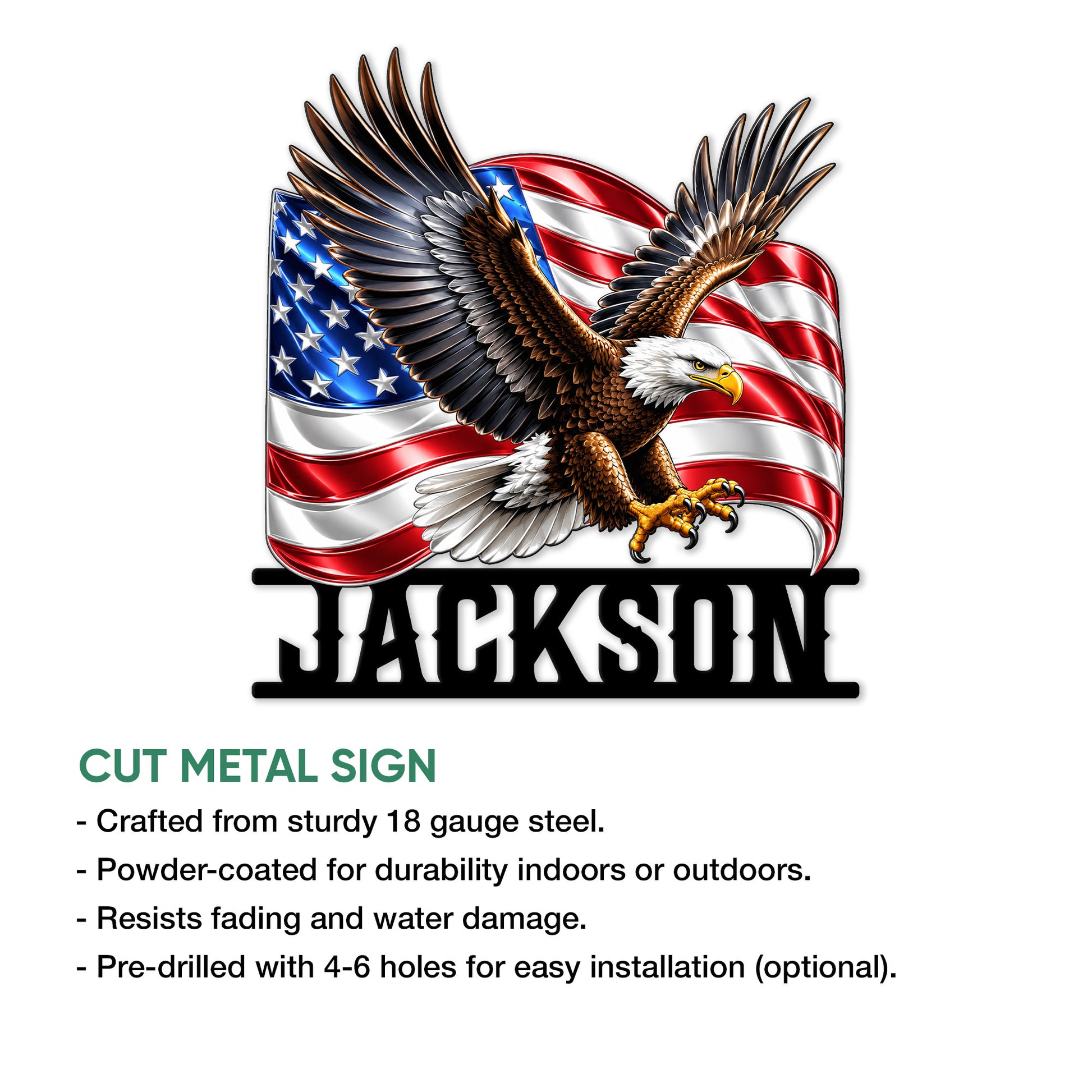 Cut metal eagle sign featuring a detailed bald eagle and American flag design