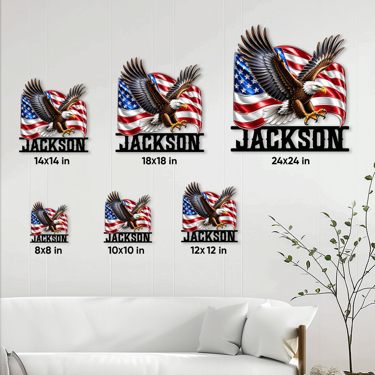 Eagle metal sign size guide showing available square sizes from 8 by 8 to 24 by 24 inches