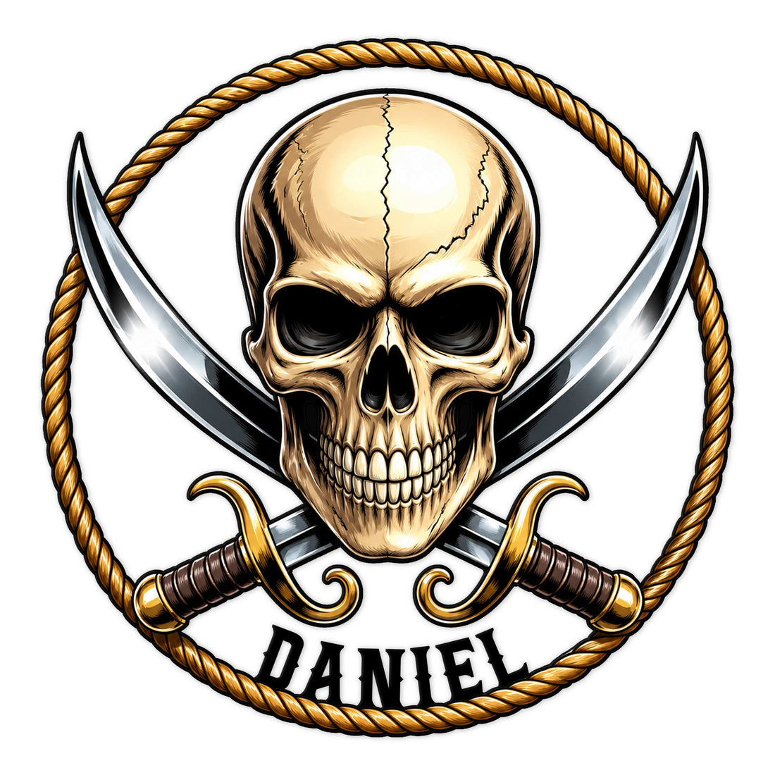 Custom pirate metal sign featuring a grinning skull, crossed cutlasses, and a twisted rope border