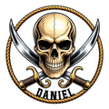 Custom pirate metal sign featuring a grinning skull, crossed cutlasses, and a twisted rope border