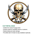 Pirate skull cut metal sign feature graphic showing the dramatic crossed cutlasses and rope design