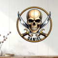 Pirate skull wall decor displayed on a light wood-paneled wall in a home interior