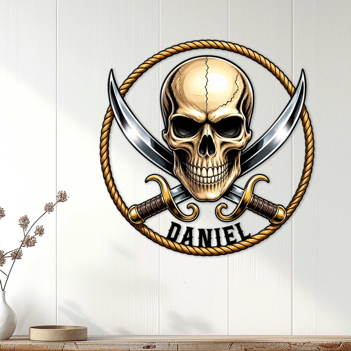 Pirate skull wall decor displayed on a light wood-paneled wall in a home interior