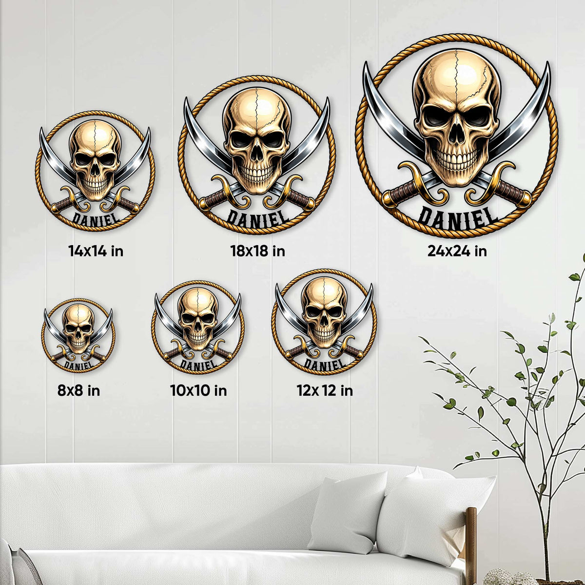 Pirate skull metal sign size guide showing multiple circular size options in a room setting