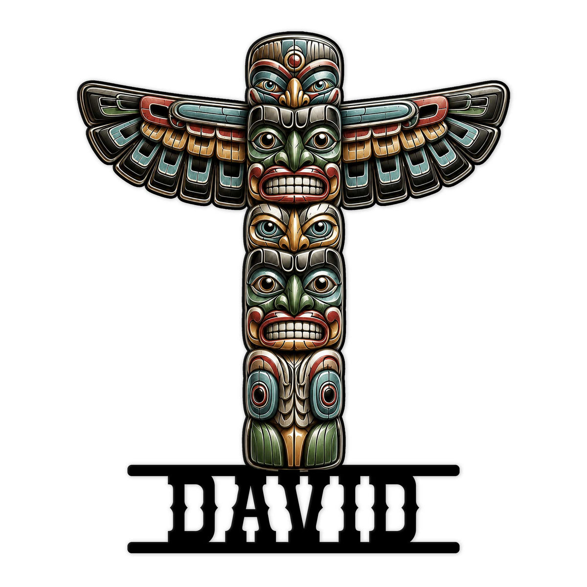Native-inspired totem pole metal sign with stacked carved faces, colorful wings, and bold decorative detailing