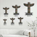 Native-inspired totem pole metal sign size guide showing available square sizes from 8 by 8 to 24 by 24 inches