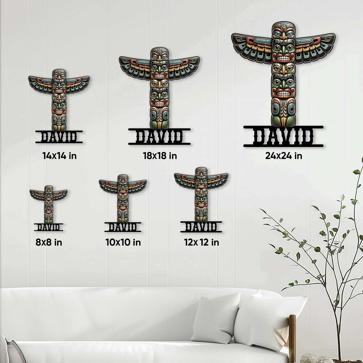 Native-inspired totem pole metal sign size guide showing available square sizes from 8 by 8 to 24 by 24 inches