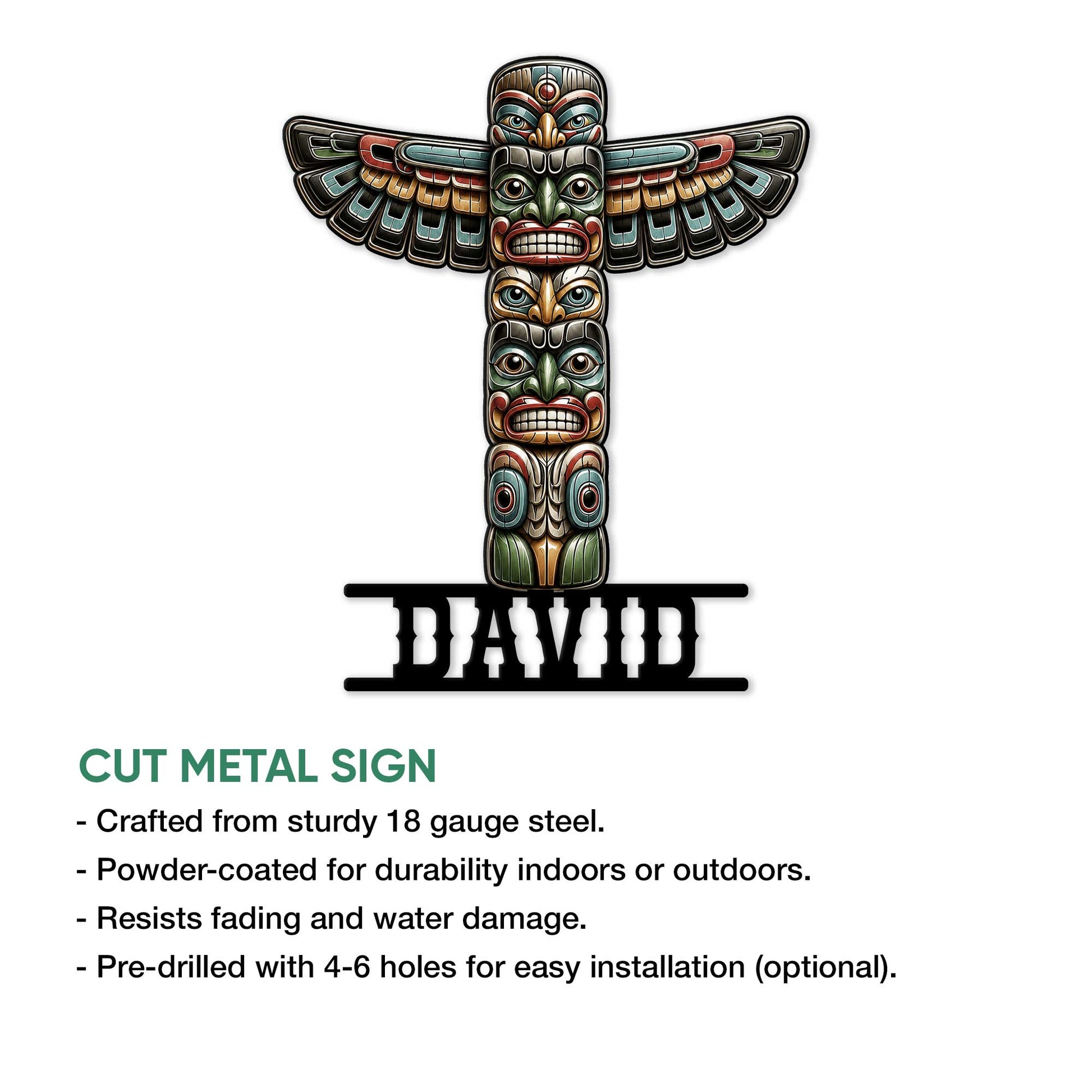 Native-inspired totem pole metal sign shown with a cut-metal design and bold stacked face artwork