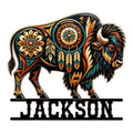 Native-inspired bison metal sign with geometric patterns, feathers, and a dreamcatcher-inspired central motif