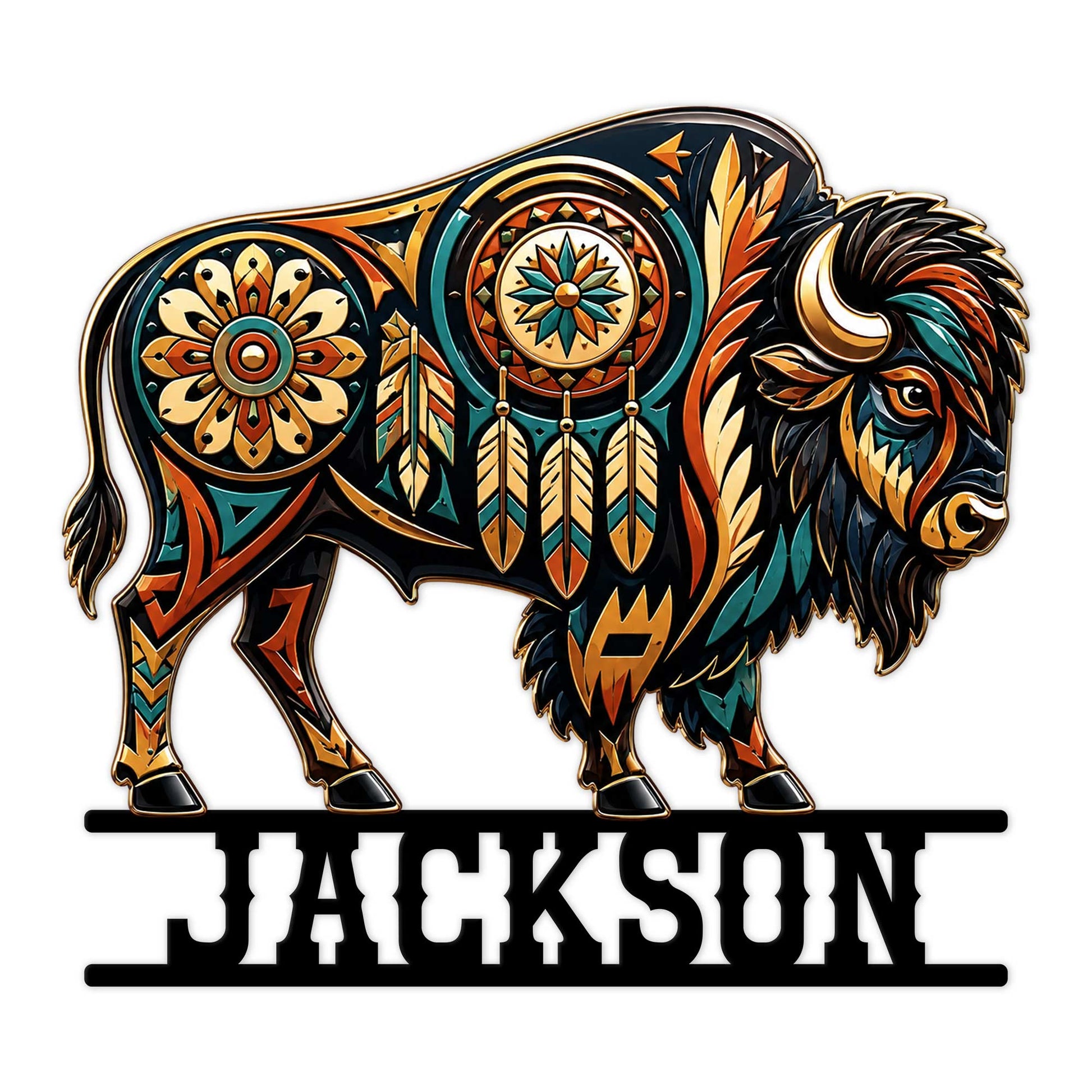 Native-inspired bison metal sign with geometric patterns, feathers, and a dreamcatcher-inspired central motif