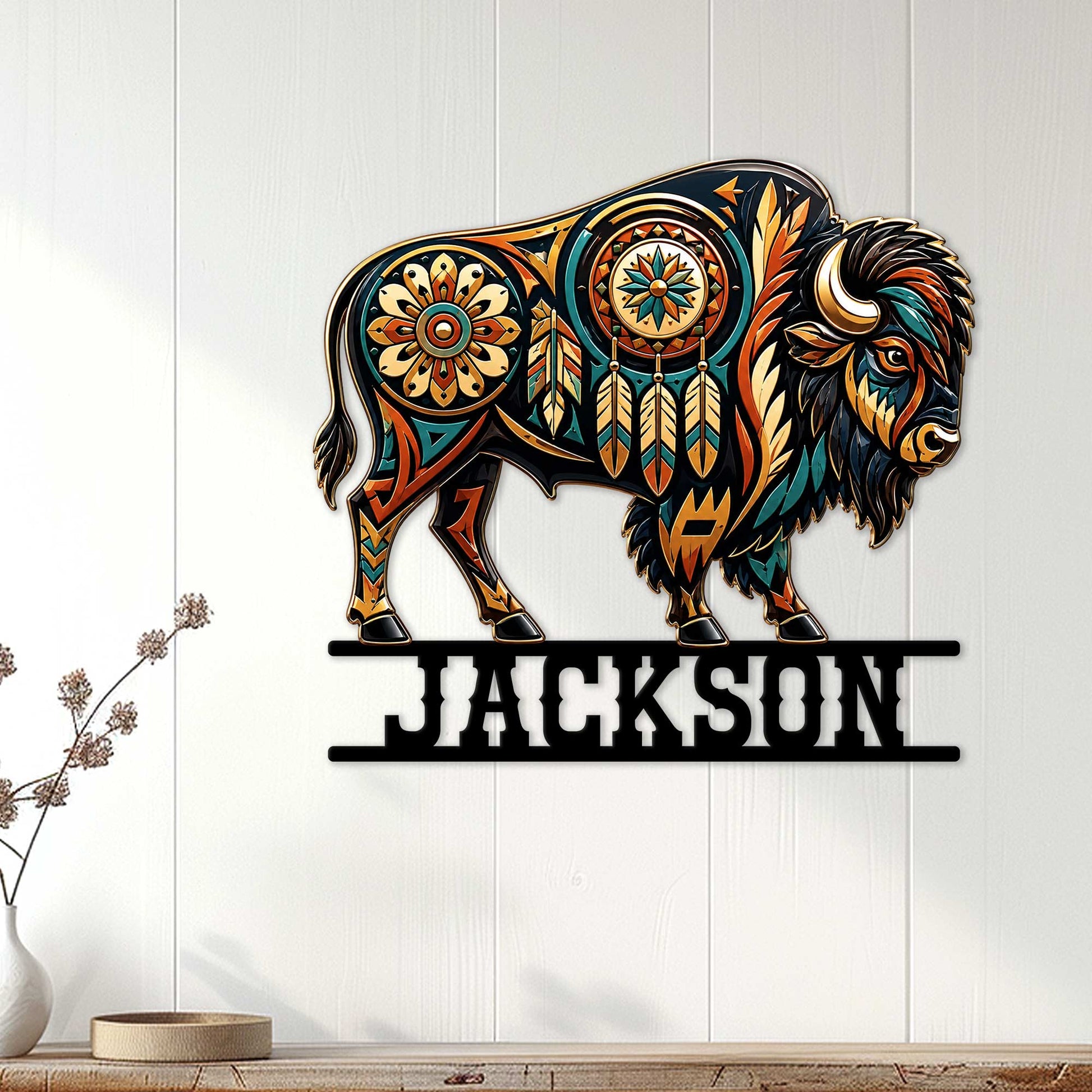 Native-inspired bison wall sign displayed on a light paneled wall above a console table