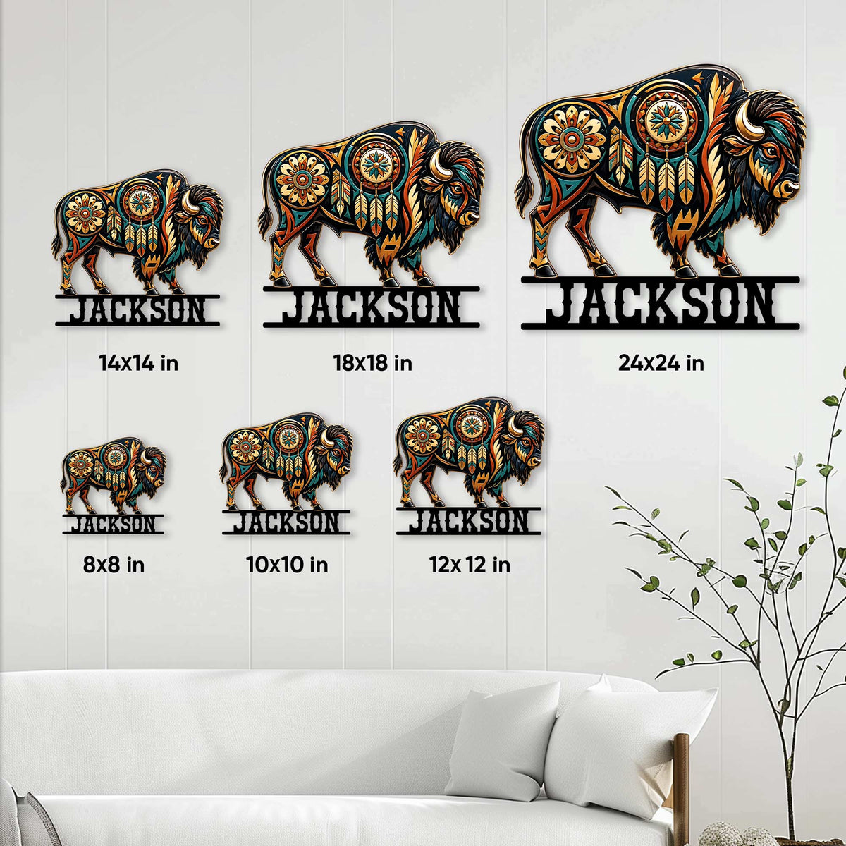 Bison metal sign size guide showing available 8, 10, 12, 14, 18, and 24 inch options