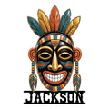 Colorful Native-inspired mask metal sign with feathered headdress, geometric accents, and bold tribal-style artwork