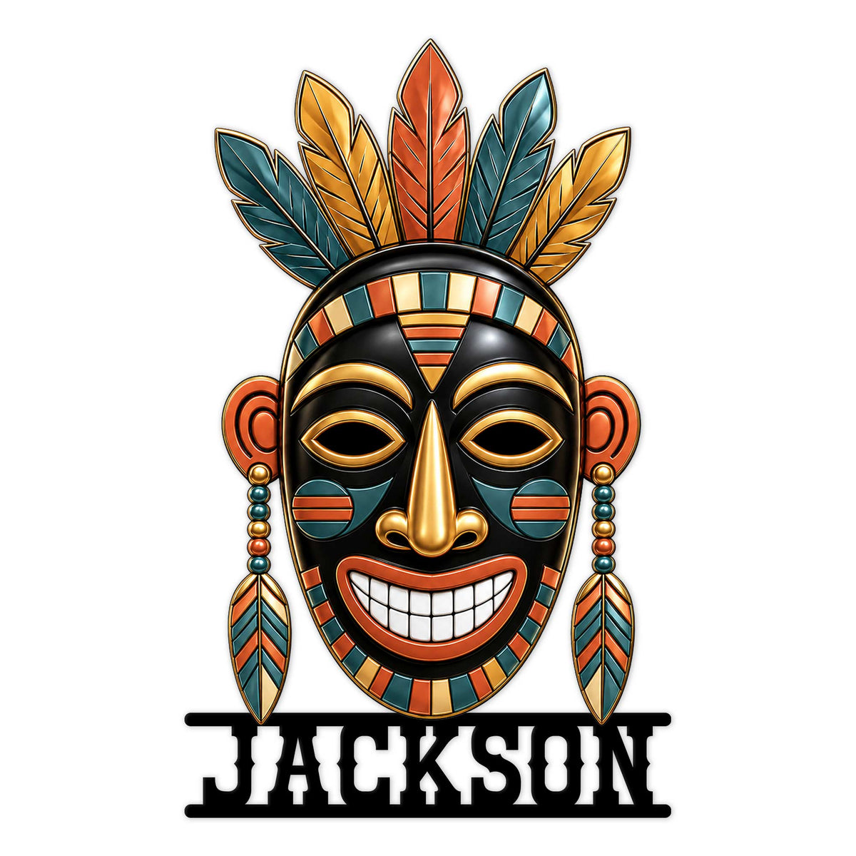 Colorful Native-inspired mask metal sign with feathered headdress, geometric accents, and bold tribal-style artwork