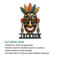 Native-inspired mask metal sign shown with cut-metal sign features and installation information