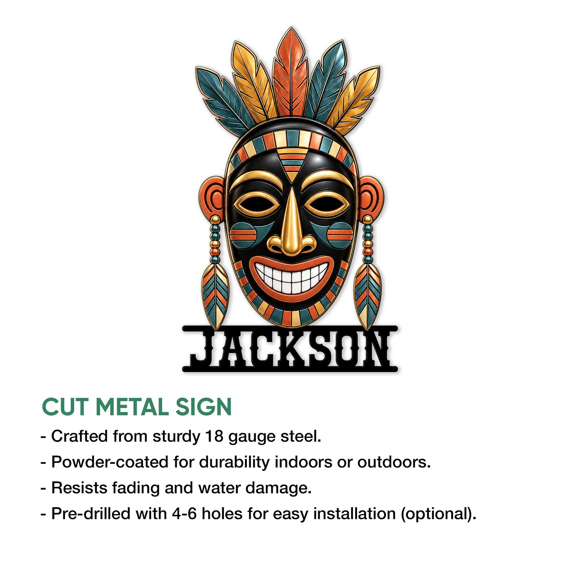 Native-inspired mask metal sign shown with cut-metal sign features and installation information