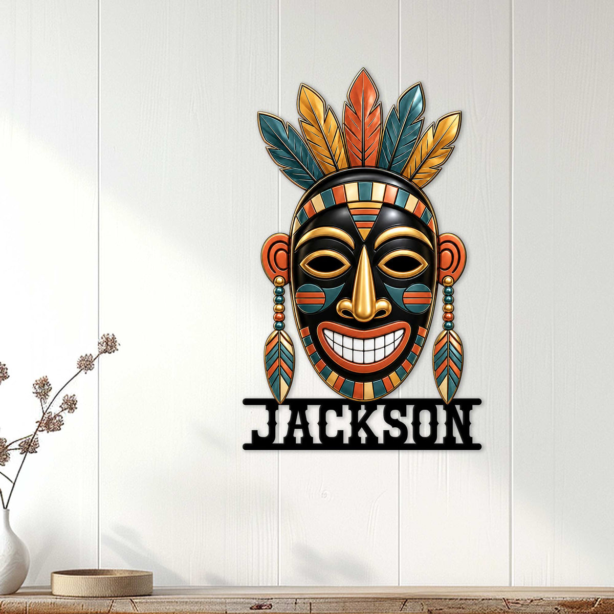 Native-inspired mask wall sign displayed on white paneled decor for a bold cultural-inspired accent