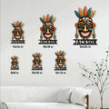 Native-inspired mask metal sign size guide showing available square sizes from 8 by 8 to 24 by 24 inches