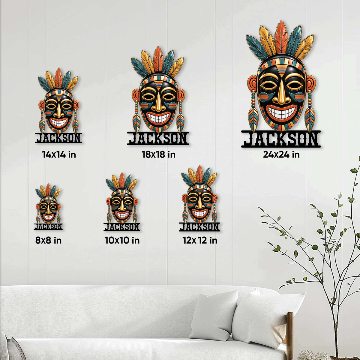 Native-inspired mask metal sign size guide showing available square sizes from 8 by 8 to 24 by 24 inches