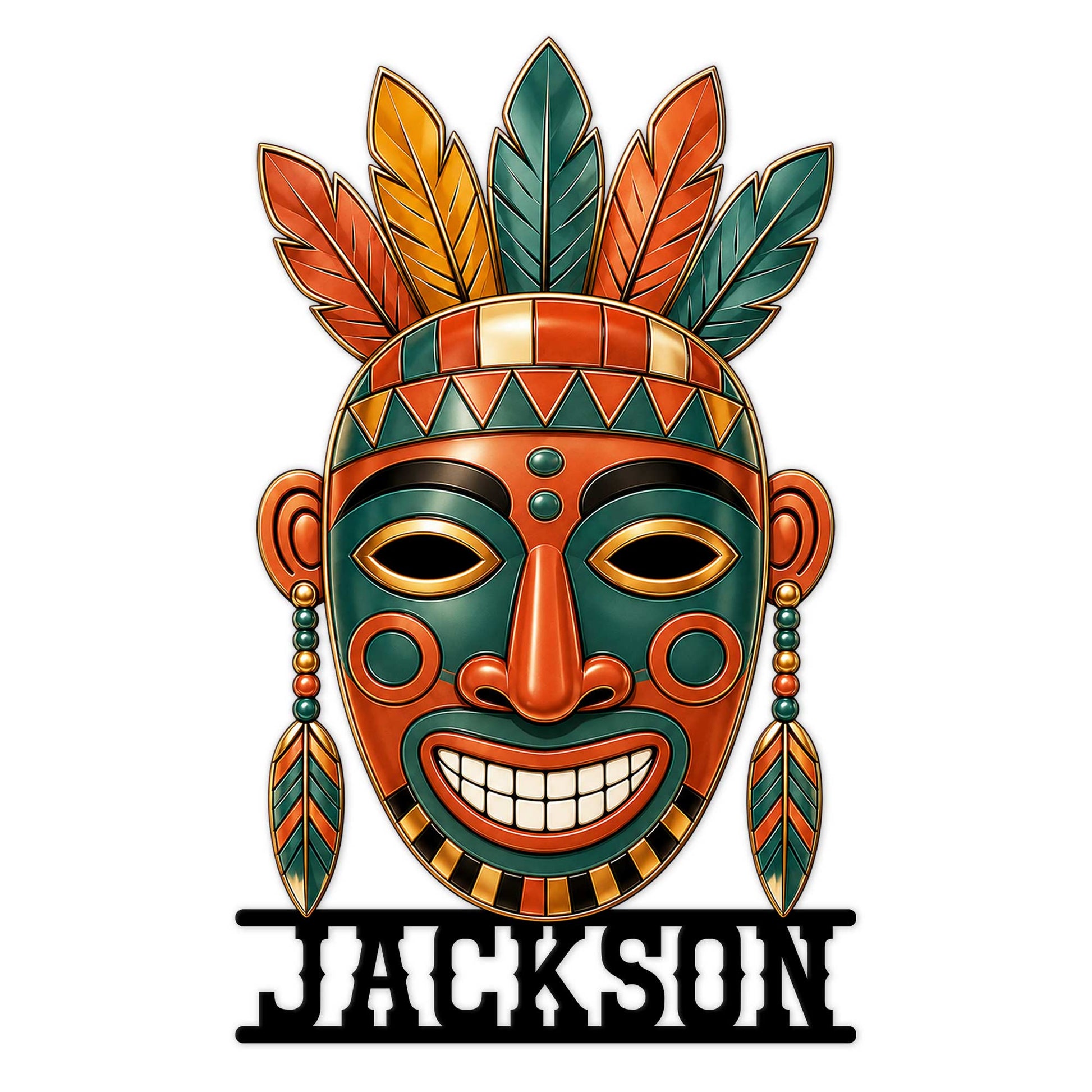 Colorful Native American-inspired tribal mask metal sign with feathers, geometric patterns, and a bold custom design