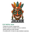 Native American-inspired mask metal sign feature graphic showing cut steel construction and indoor or outdoor display