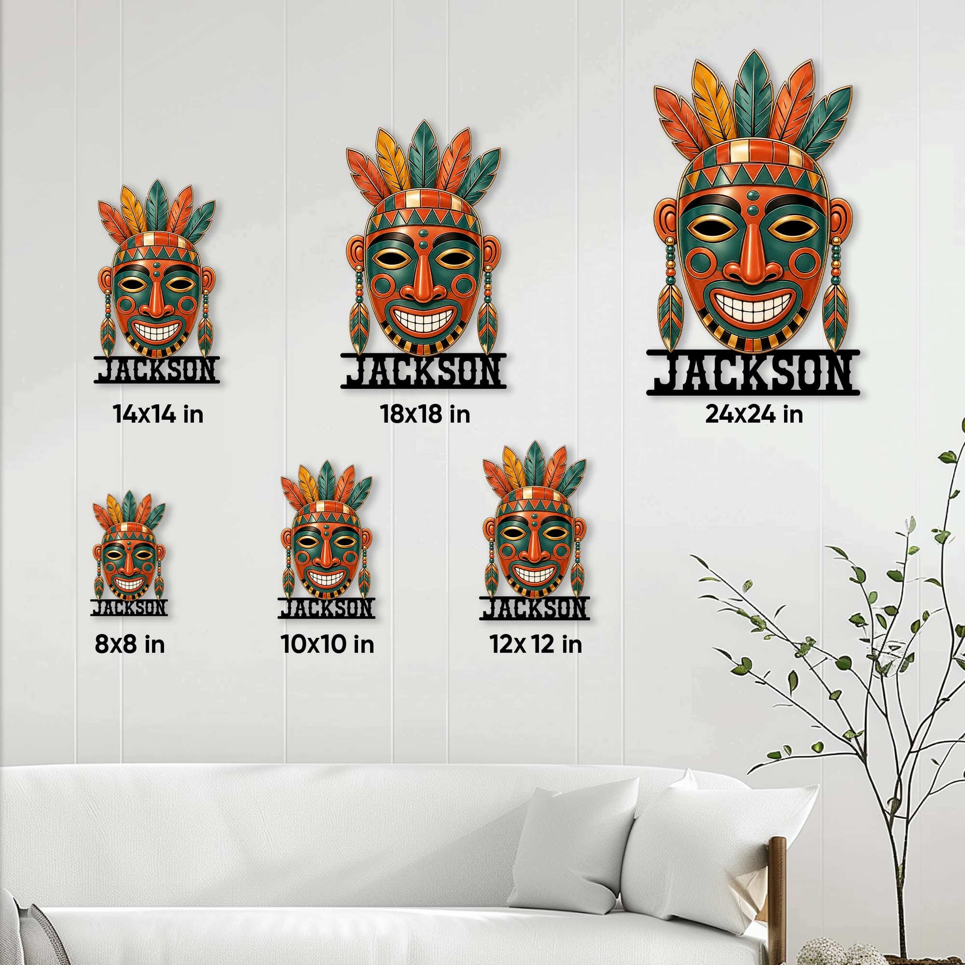 Native American-inspired mask metal sign size guide showing six available square size options on a wall