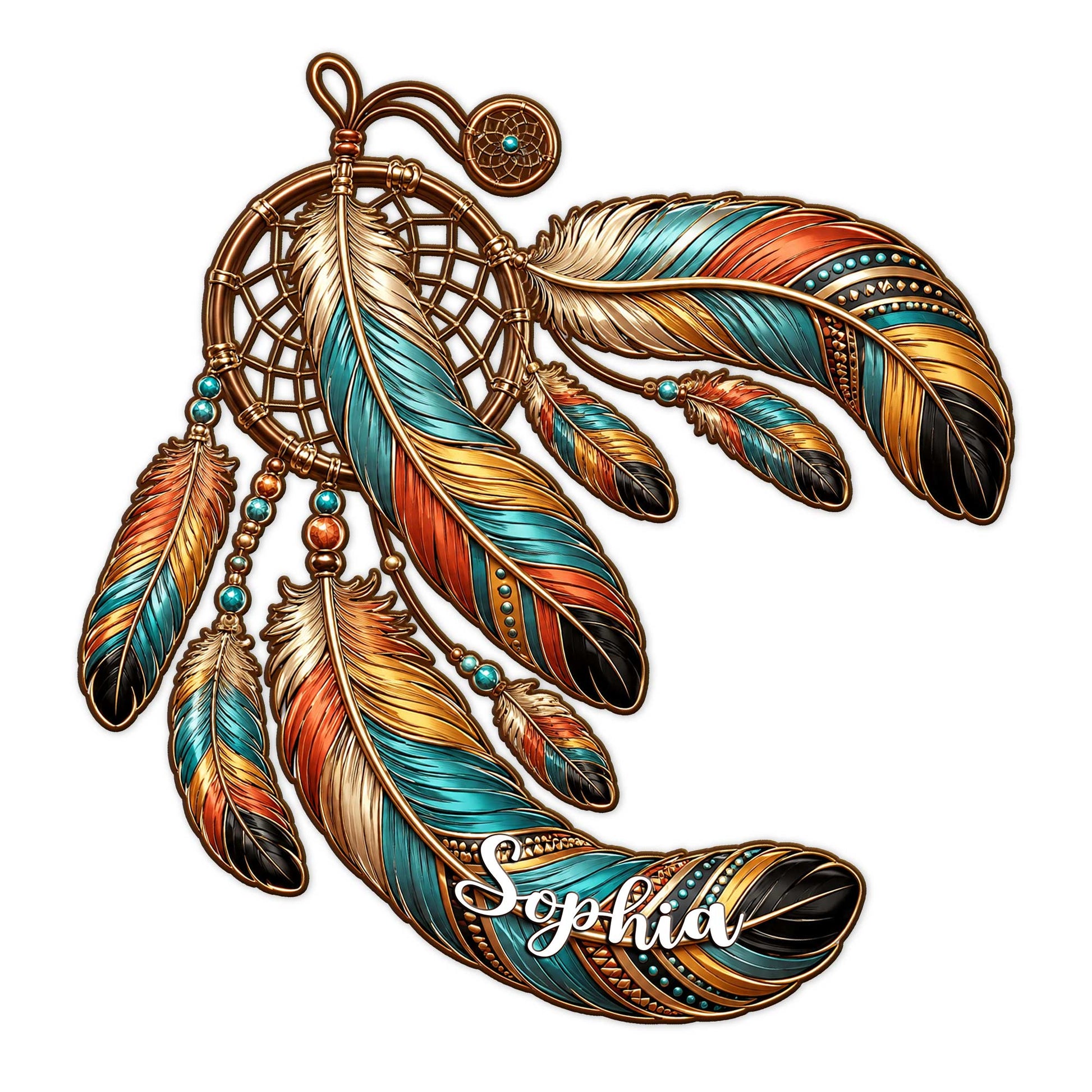 Colorful Native-inspired dreamcatcher metal sign with layered feathers, turquoise accents, and ornate bead details