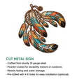 Native-inspired dreamcatcher metal sign shown in a product feature graphic with vibrant feathers and circular web design