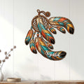 Dreamcatcher metal wall sign displayed on white paneling, featuring colorful feathers and detailed ornamental accents