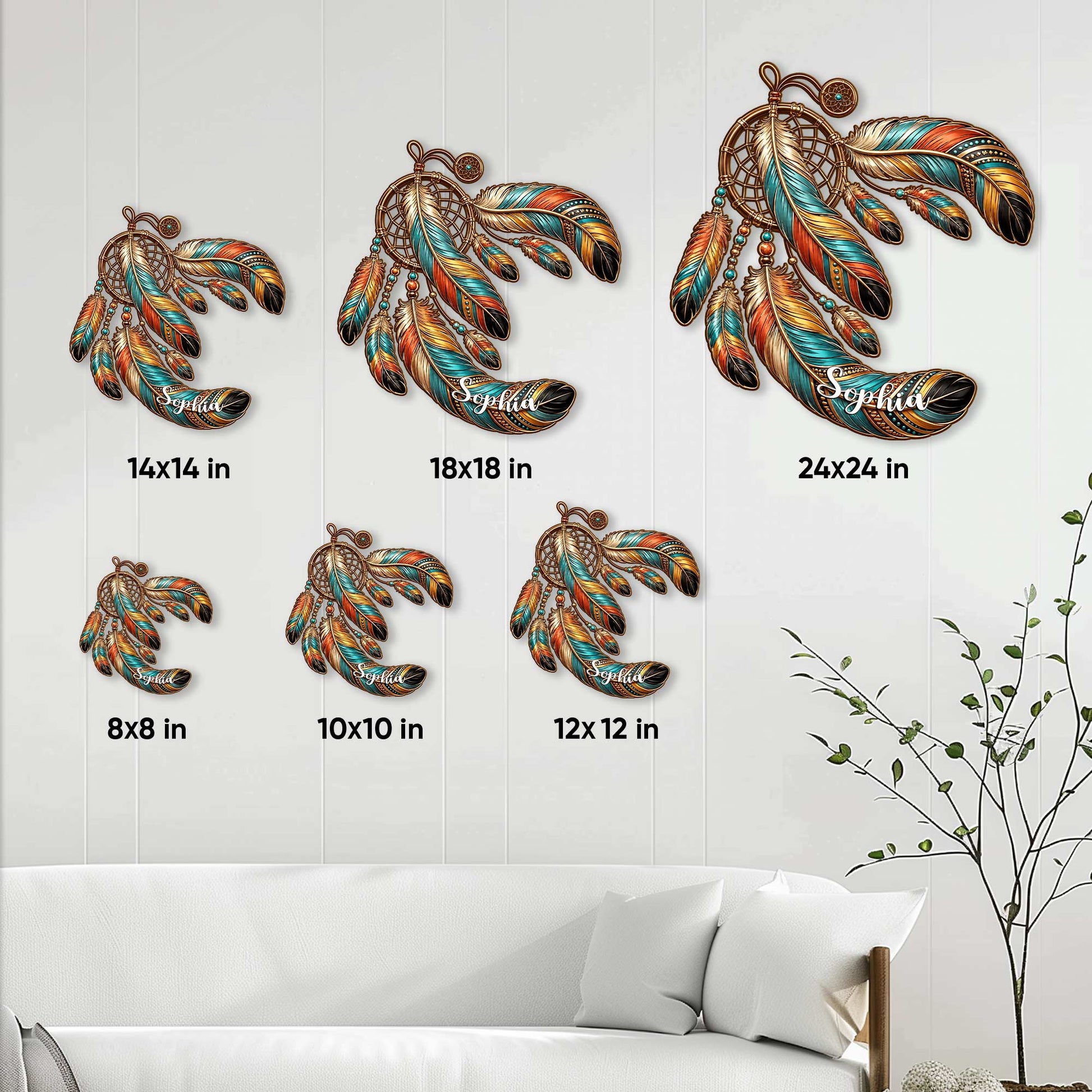 Dreamcatcher metal sign size guide displaying multiple square size options in a living room setting