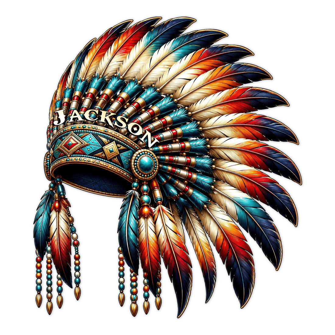 Colorful Native American-inspired feather headdress artwork with turquoise, red, cream, and navy details