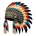 Colorful Native American-inspired feather headdress artwork with turquoise, red, cream, and navy details