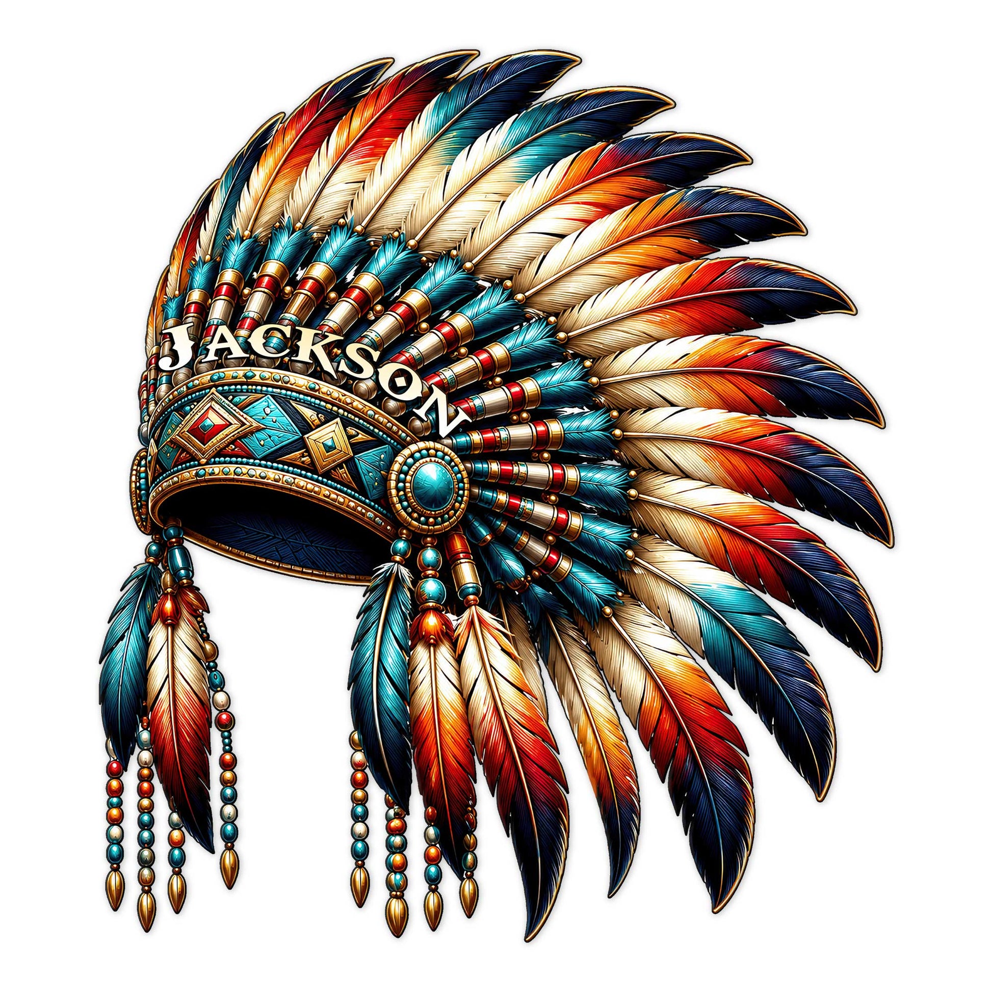 Colorful Native American-inspired feather headdress artwork with turquoise, red, cream, and navy details