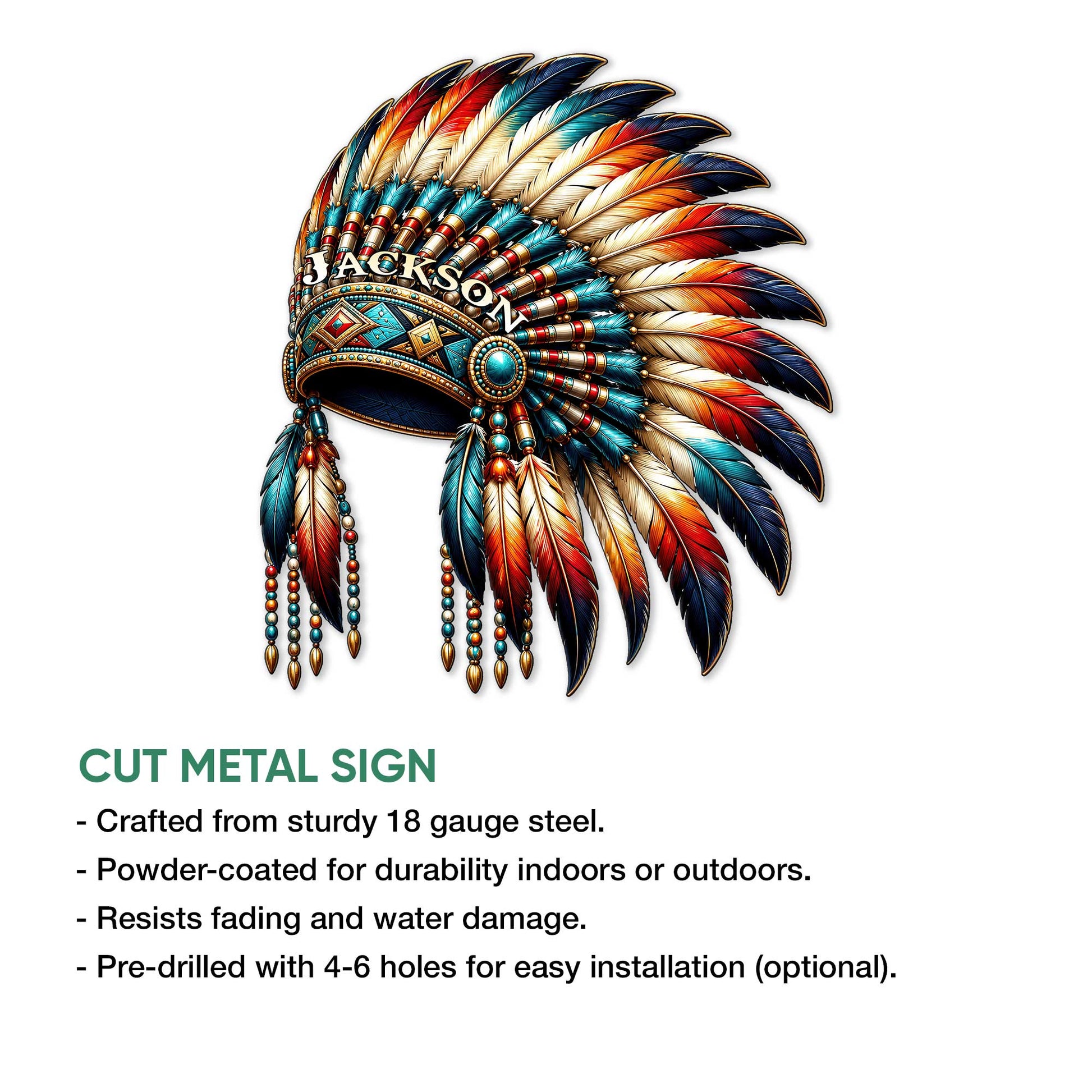 Native American-inspired feather headdress displayed above cut metal sign feature information
