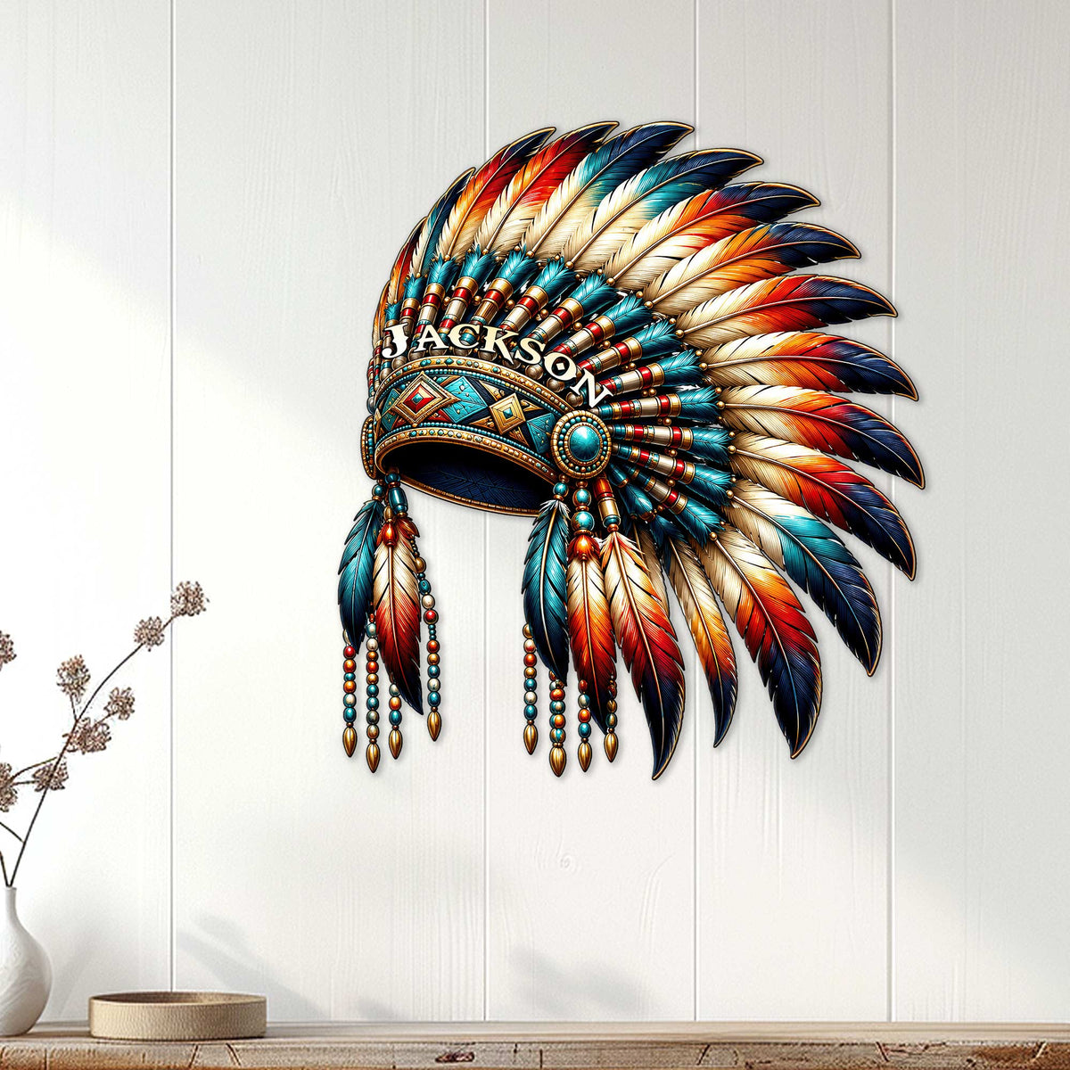 Native American-inspired feather headdress metal sign shown as colorful wall decor in a bright room