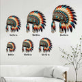 Native American-inspired feather headdress metal sign size guide showing six available square dimensions