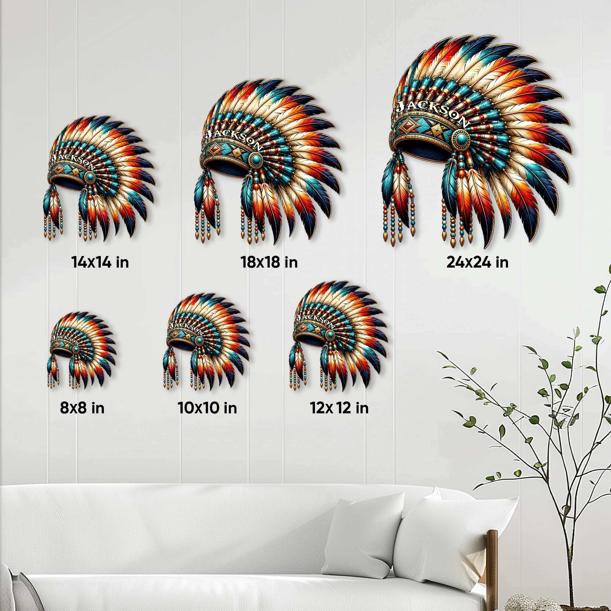 Native American-inspired feather headdress metal sign size guide showing six available square dimensions